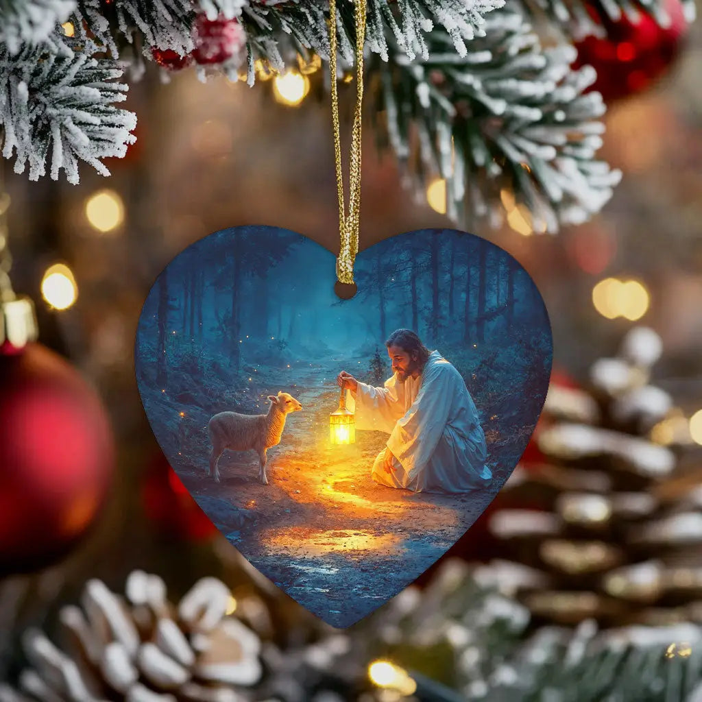 Inspirational ornament of Jesus saving a lamb at night, symbolizing hope and faith.
