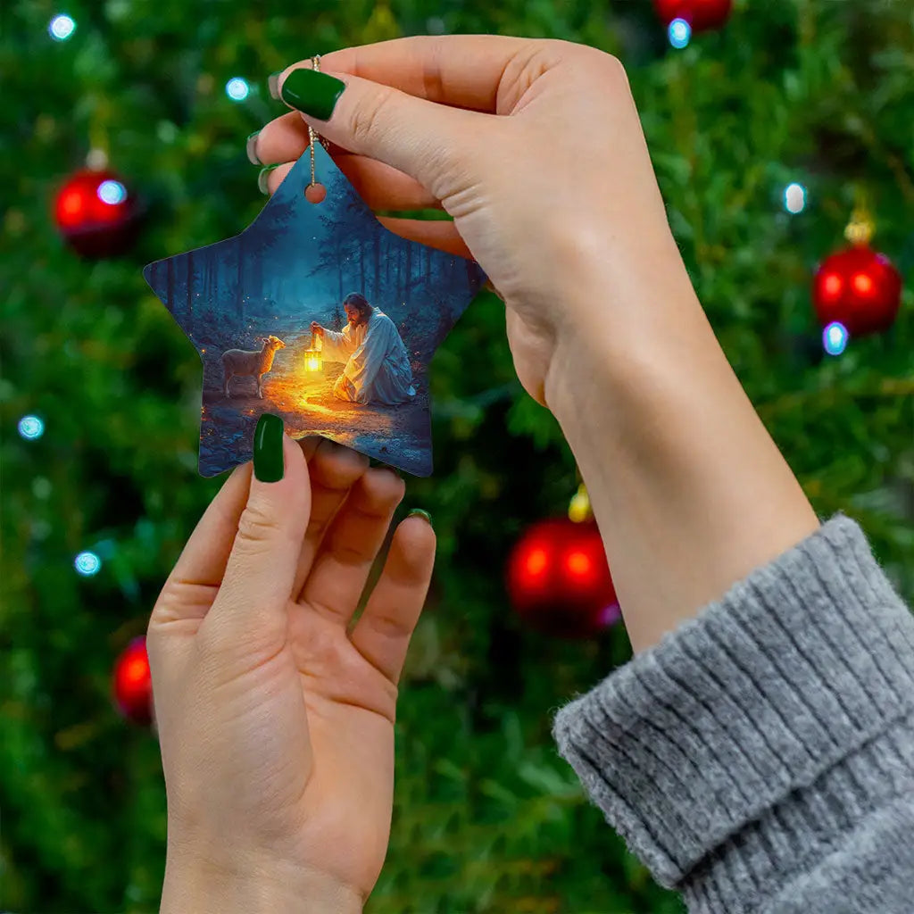 Faith-based Christmas ornament of Jesus rescuing the lost sheep, an inspirational gift.