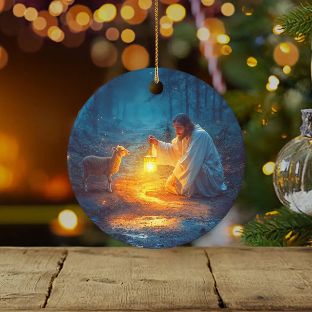 Christian ornament of Jesus rescuing a lamb at night, symbolizing faith and redemption / Circle.
