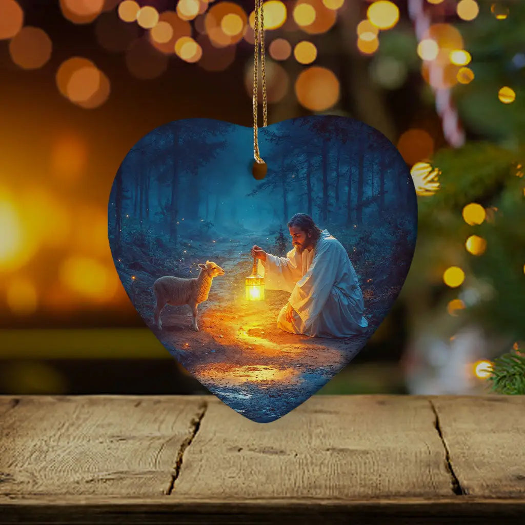 Jesus rescuing a lost lamb ornament, a touching symbol of God’s love for Christmas decor / Heart.