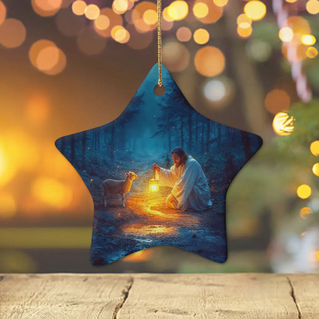 Jesus rescues a lamb ornament, a beautiful Christian decoration for holiday celebrations / Star.