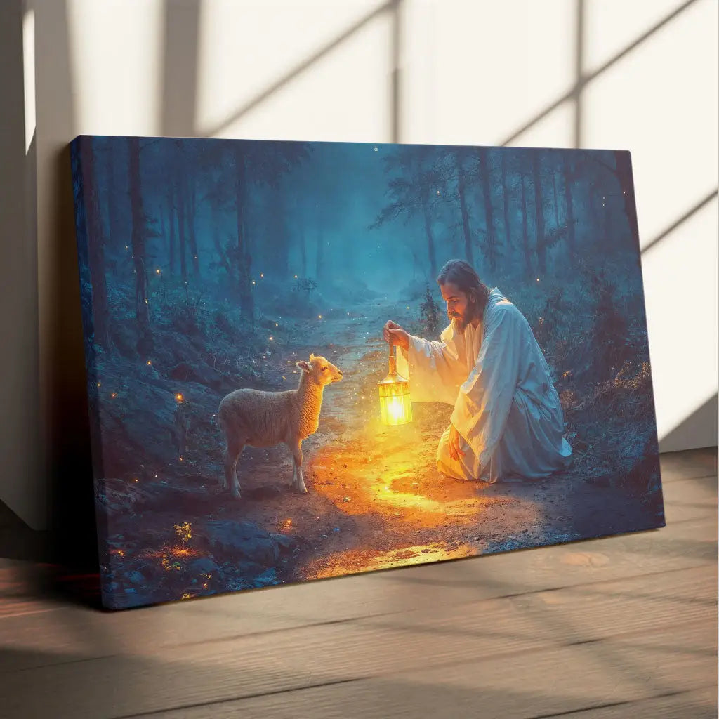 Religious wall art canvas showing Jesus rescuing a lamb at night, perfect for faith-filled home decor.
