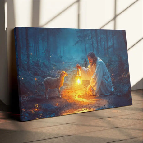 Religious wall art canvas showing Jesus rescuing a lamb at night, perfect for faith-filled home decor.