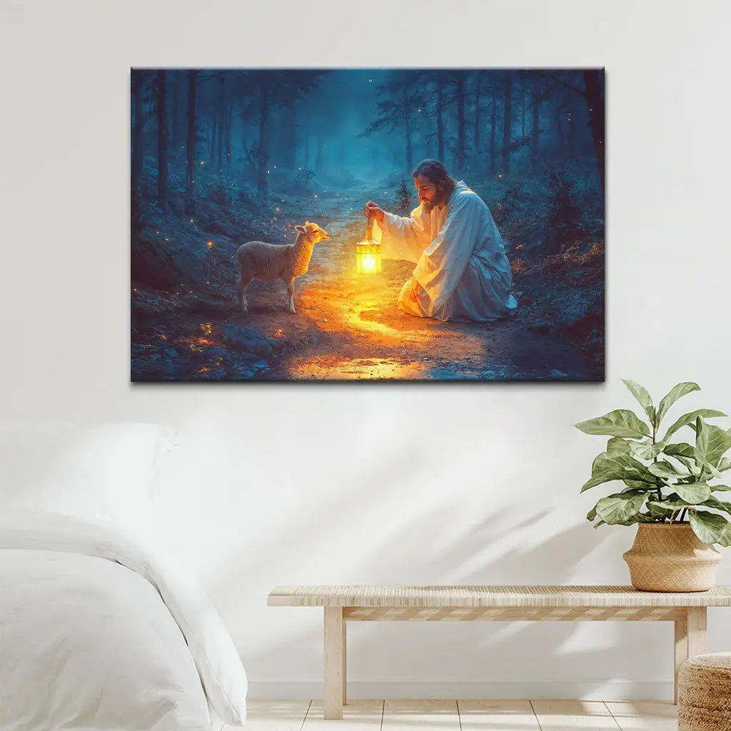 Christian canvas print featuring Jesus rescuing a lamb at night, ideal inspirational wall art for believers.
