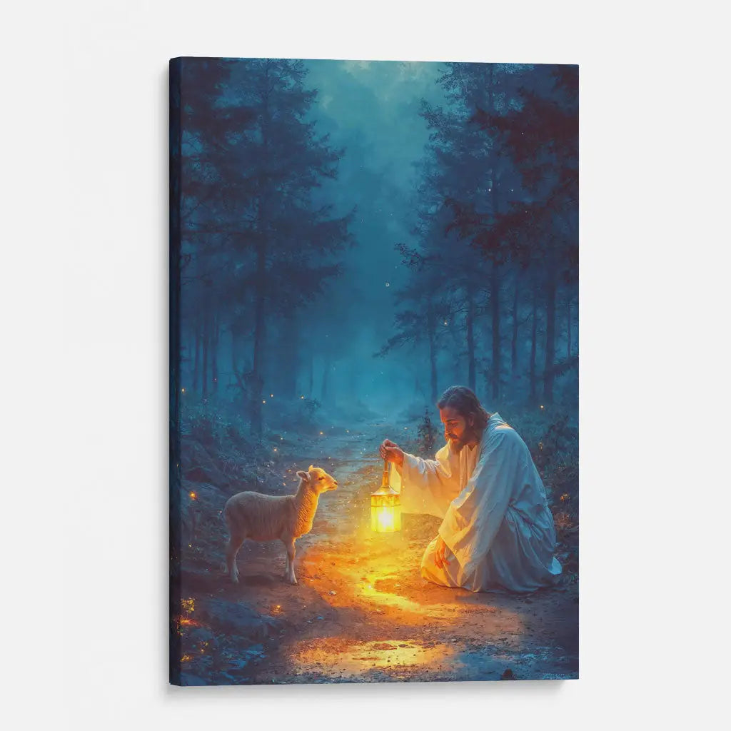 Religious wall art canvas print with Jesus saving a lamb at night, perfect for believers seeking inspirational home decor.
