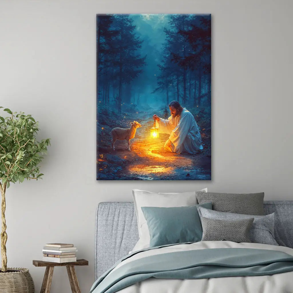 Faith-based wall art canvas showing Jesus rescuing a lamb at night, great religious decor for faith-filled living spaces.