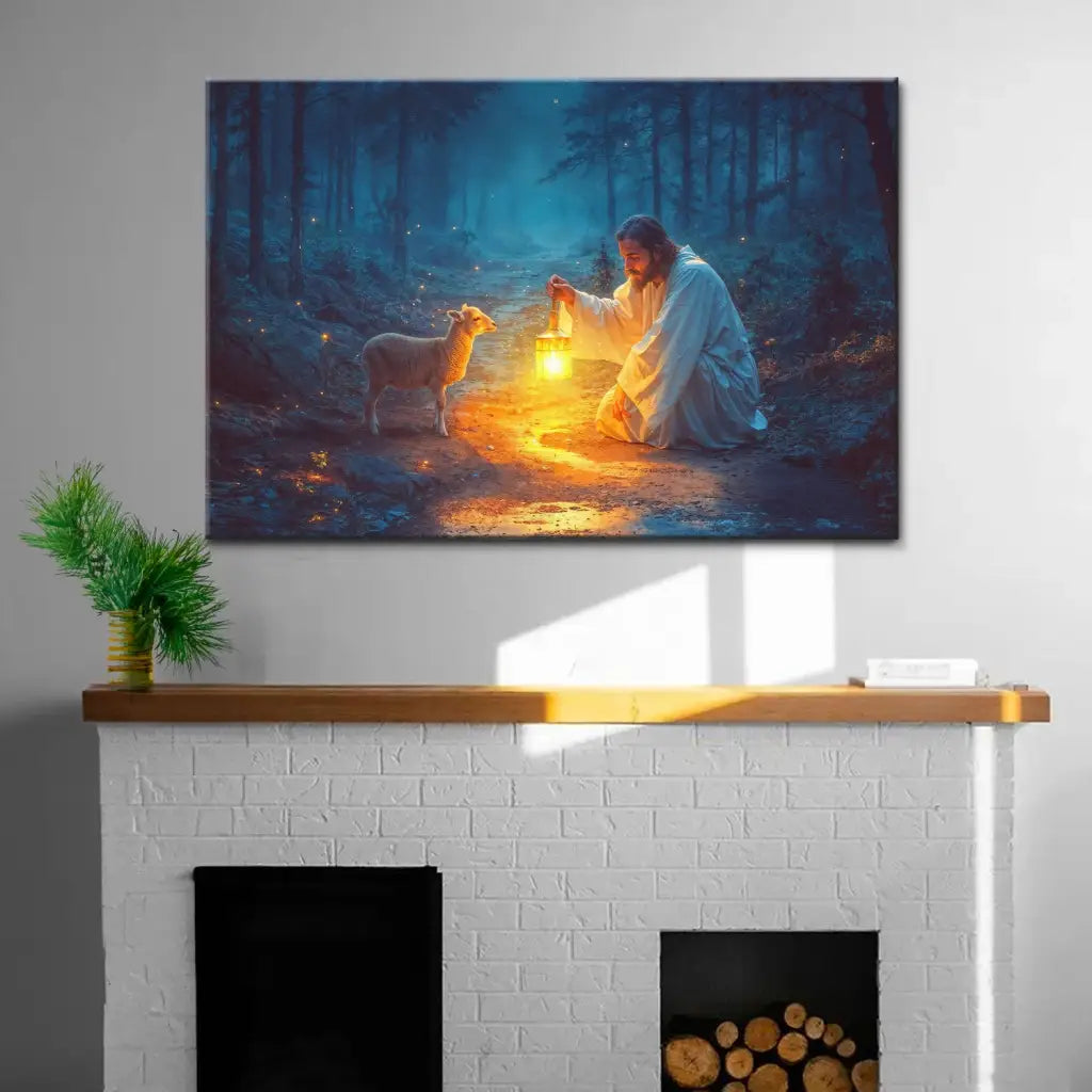 Faith-based wall art canvas with Jesus saving a lamb at night, great religious decor for Christian homes.