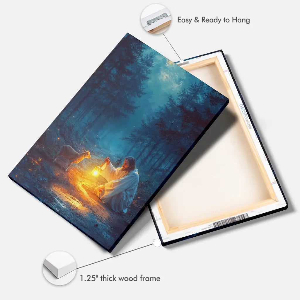 Christian canvas print featuring Jesus rescuing a lamb at night, an ideal piece for faith-driven wall art in any home.