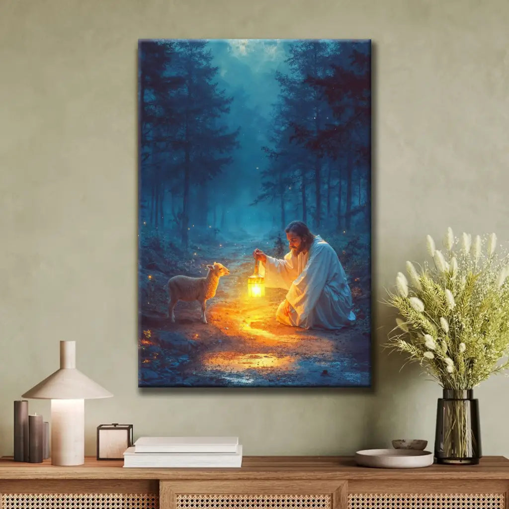 Inspirational canvas print with Jesus rescuing a lamb at night, ideal for adding spiritual meaning to your home decor.