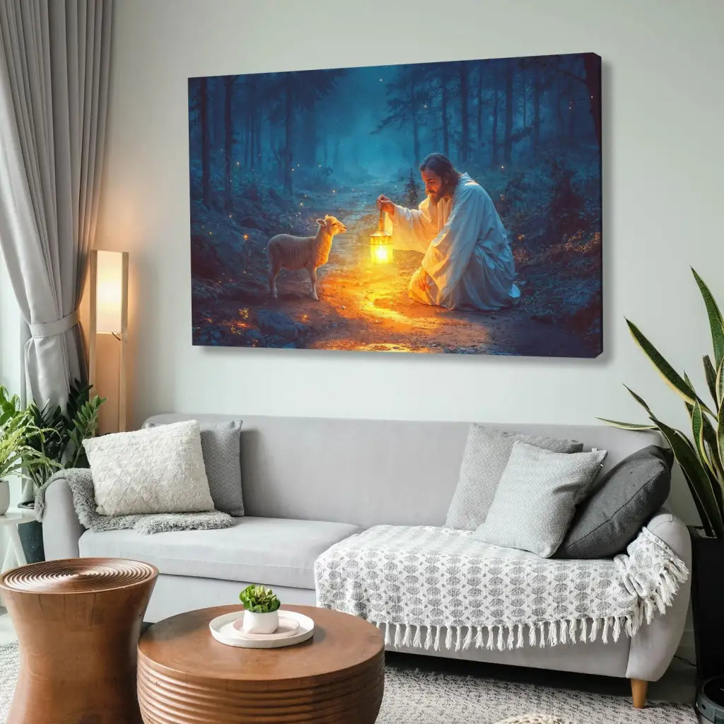 Inspirational wall art canvas print with Jesus rescuing a lamb at night, ideal Christian wall art for homes.