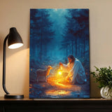 Christian canvas wall art featuring Jesus rescuing a lamb at night, perfect faith-based decor for Christian homes.