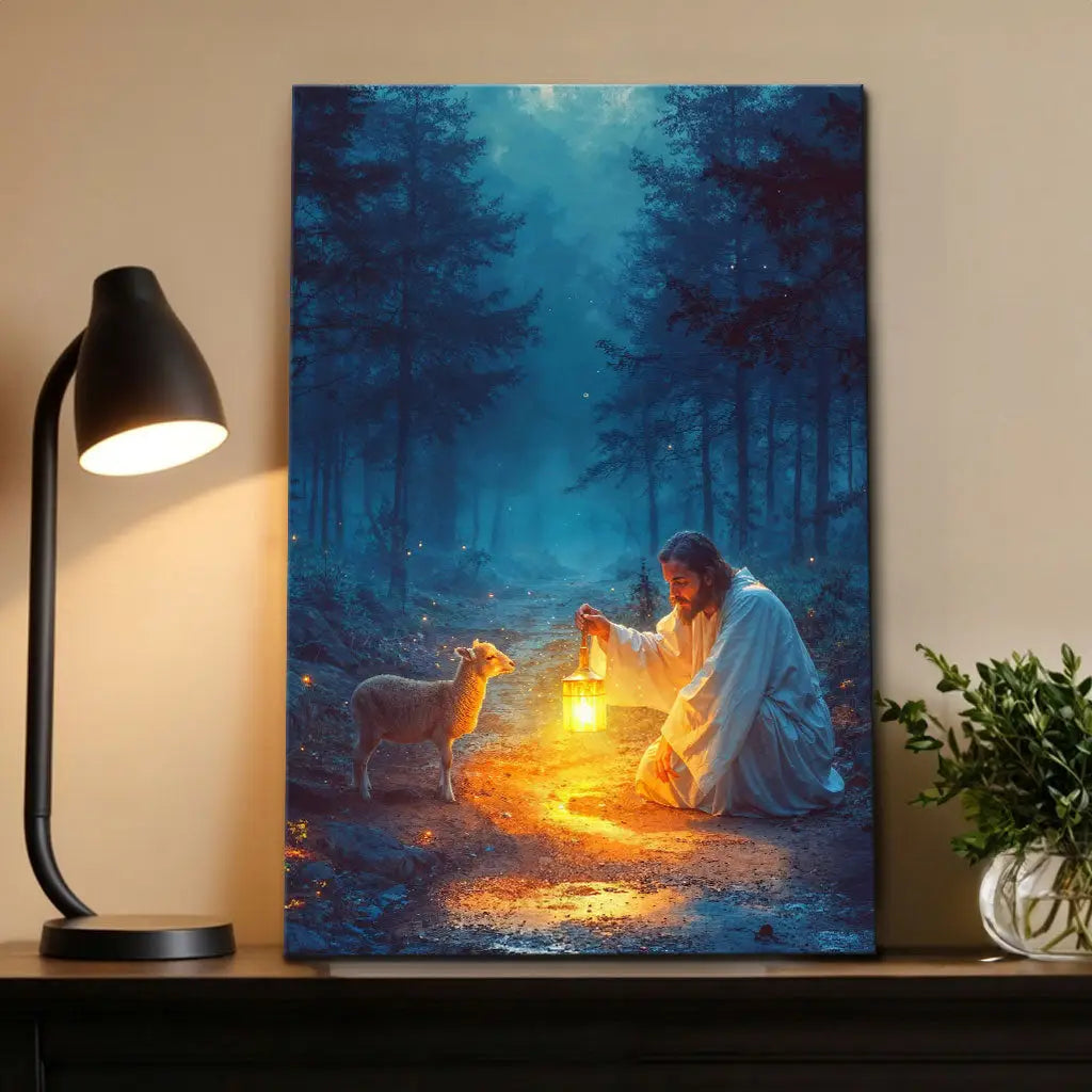 Christian canvas wall art featuring Jesus rescuing a lamb at night, perfect faith-based decor for Christian homes.