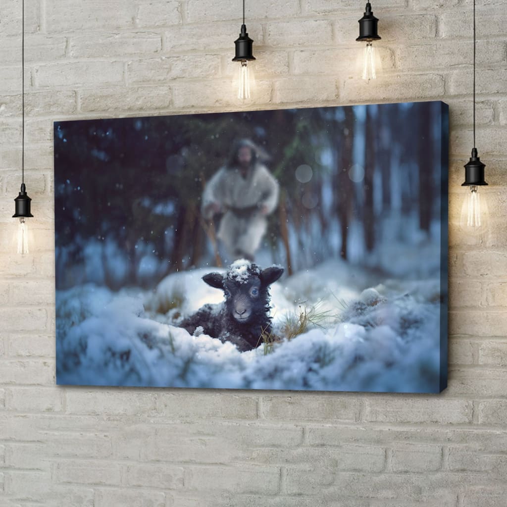 Christmas wall art, Jesus Rescues Lamb in a Snowy Forest Wall Art Canvas