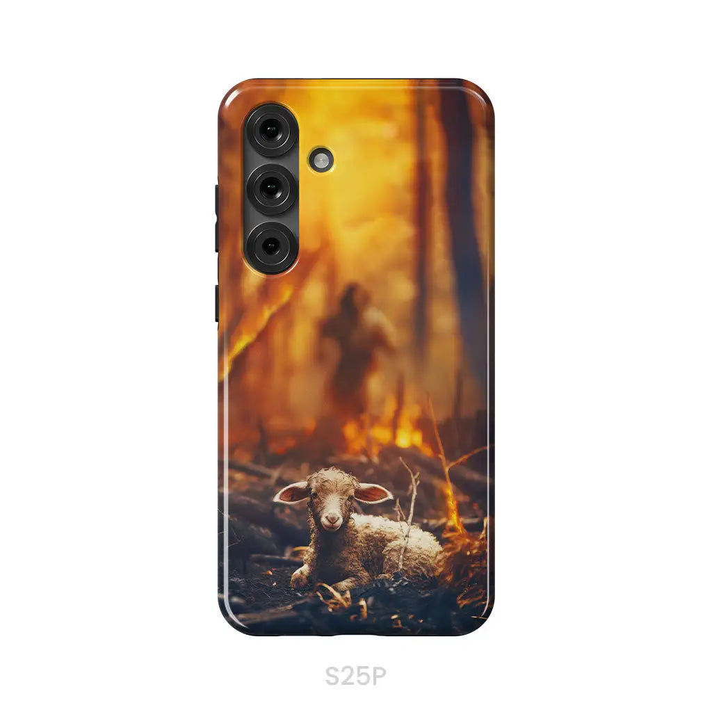 Jesus Rescues Lamb in the Fire Phone Case Samsung Galaxy S25 Plus / Tough Case
