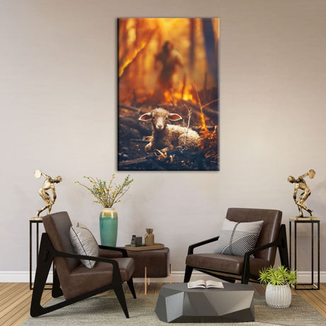 Jesus artwork depicting Jesus saving a lamb from flames, ideal for Christian home decor and faith-based gifts.