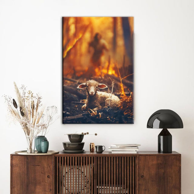 Christian wall art canvas featuring Jesus rescuing a lamb from the fire, perfect for inspirational gifts and decor.