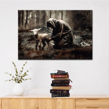Inspirational canvas print with Jesus rescuing a lost lamb, ideal Christian wall art for homes.