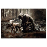Jesus wall art canvas with Jesus rescuing a lost lamb, perfect for faith-filled home decor.