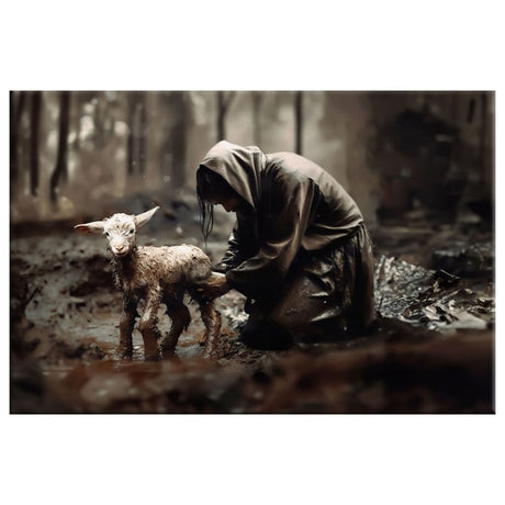 Jesus wall art canvas with Jesus rescuing a lost lamb, perfect for faith-filled home decor.