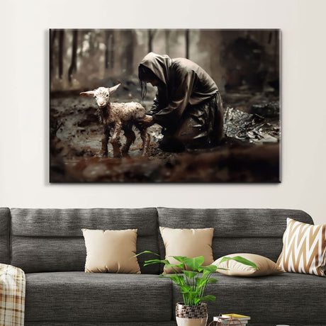 Faith-based wall art displaying Jesus saving a lost lamb, great religious decor for Christian homes.