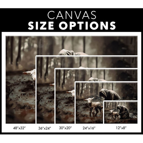 Christian canvas print featuring Jesus rescuing a lost lamb, ideal inspirational wall art for believers - canvas size options