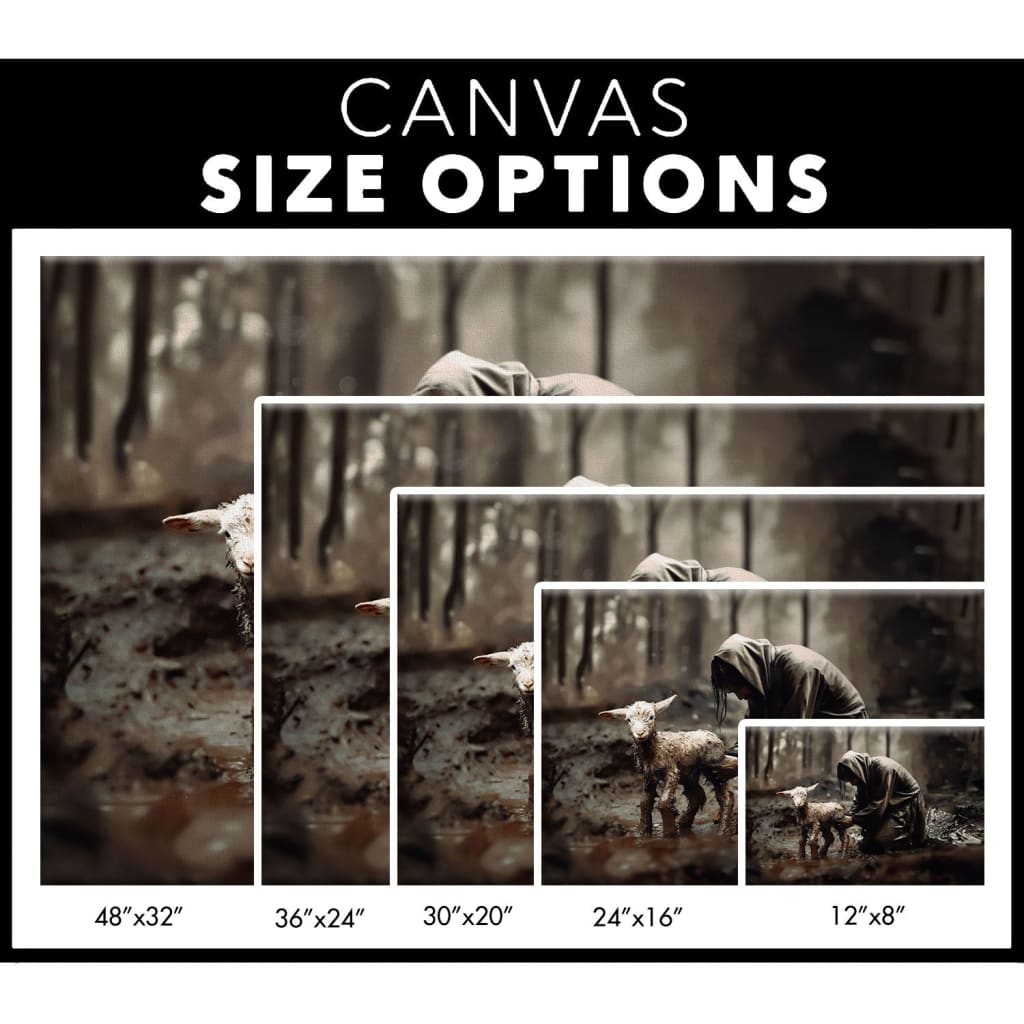 Christian canvas print featuring Jesus rescuing a lost lamb, ideal inspirational wall art for believers - canvas size options