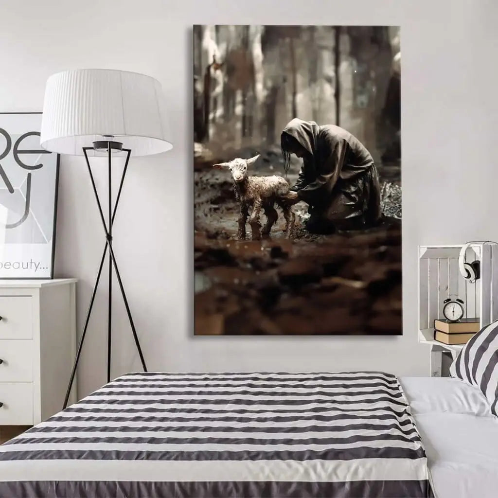 Christian canvas wall art featuring Jesus rescuing the lost lamb, perfect faith-based home decor for believers.