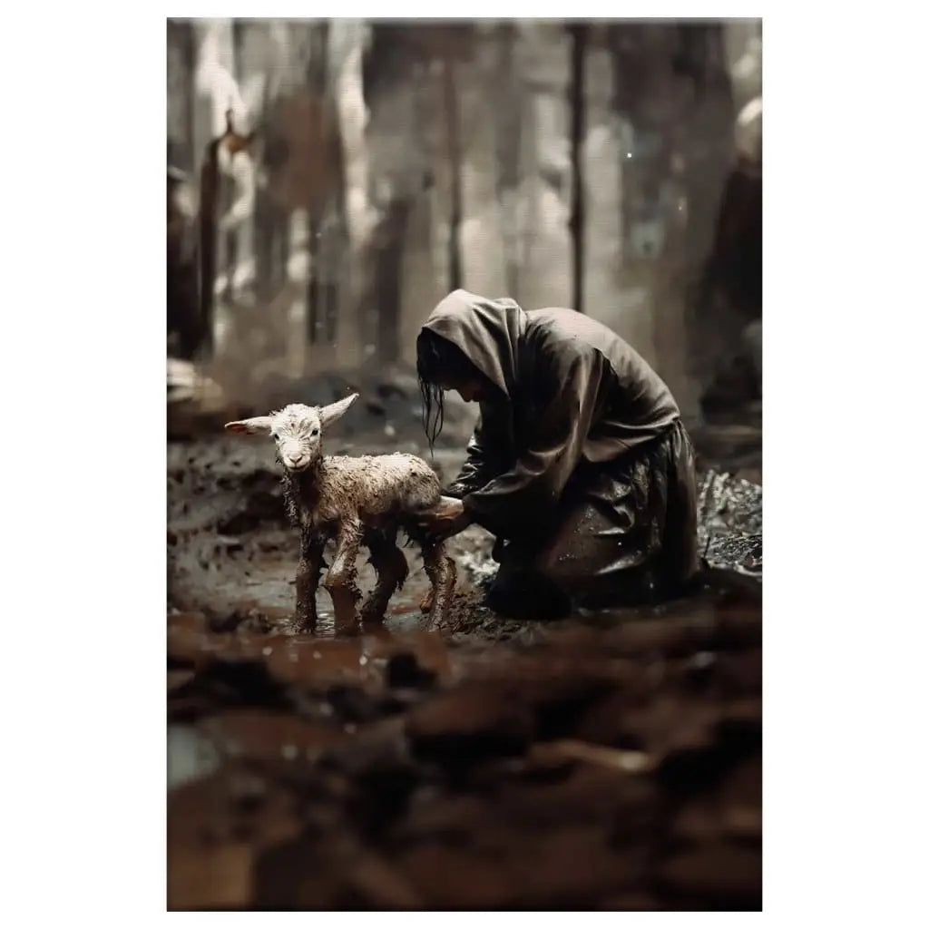 Jesus rescues the lost lamb canvas print, Christian home decor