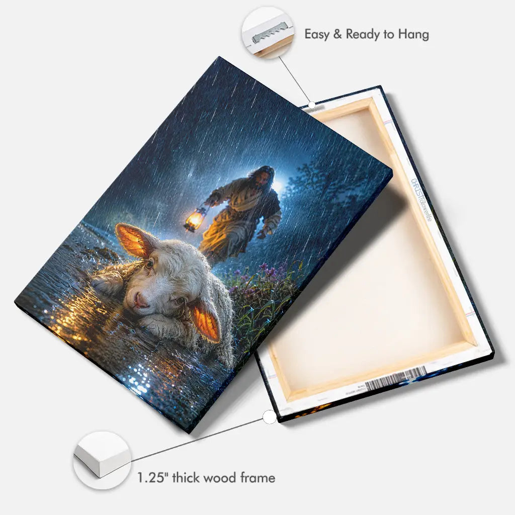 Christian canvas wall art featuring Jesus saving a lost lamb in a powerful storm scene
