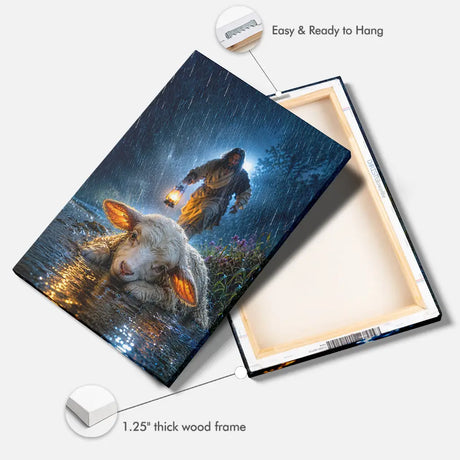 Christian canvas wall art featuring Jesus saving a lost lamb in a powerful storm scene