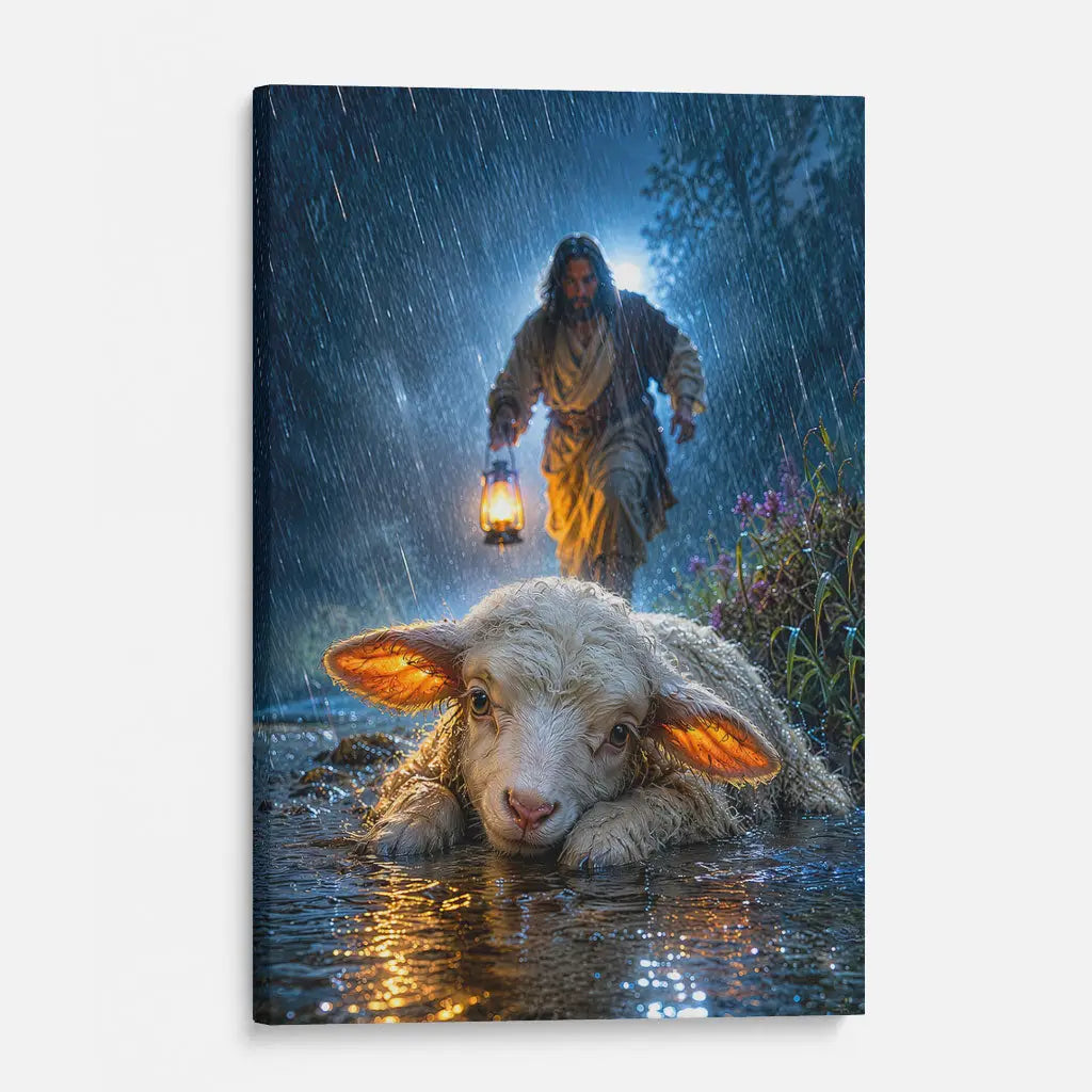 Faith based wall art Jesus rescues the lost lamb in the storm Christian canvas gift