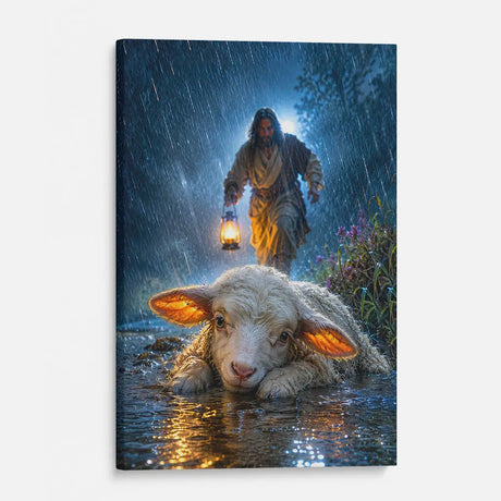 Faith based wall art Jesus rescues the lost lamb in the storm Christian canvas gift