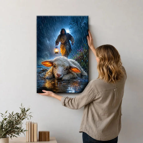 Jesus Rescues the Lost Lamb in the Storm Christian wall art canvas with ocean waves