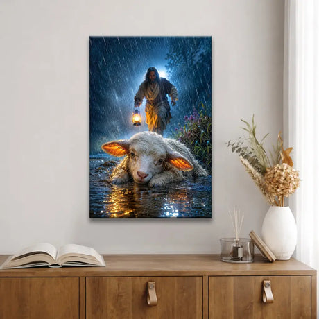 Jesus and lost lamb storm canvas print inspirational Christian wall decor artwork