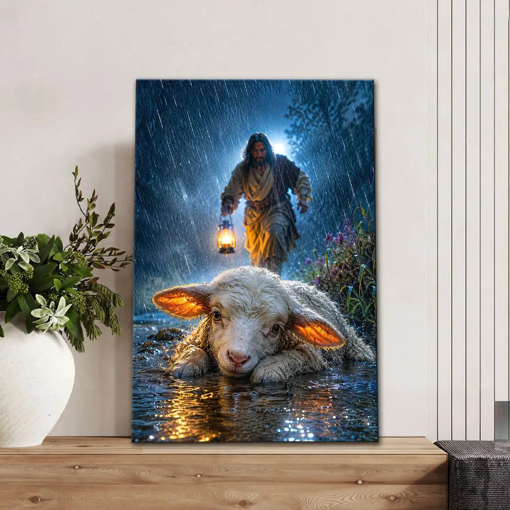 Jesus Rescues the Lost Lamb in the Storm - Christian Wall Art Canvas