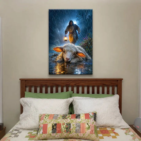 Christian wall art canvas Jesus rescuing lost lamb during stormy sea faith decor print