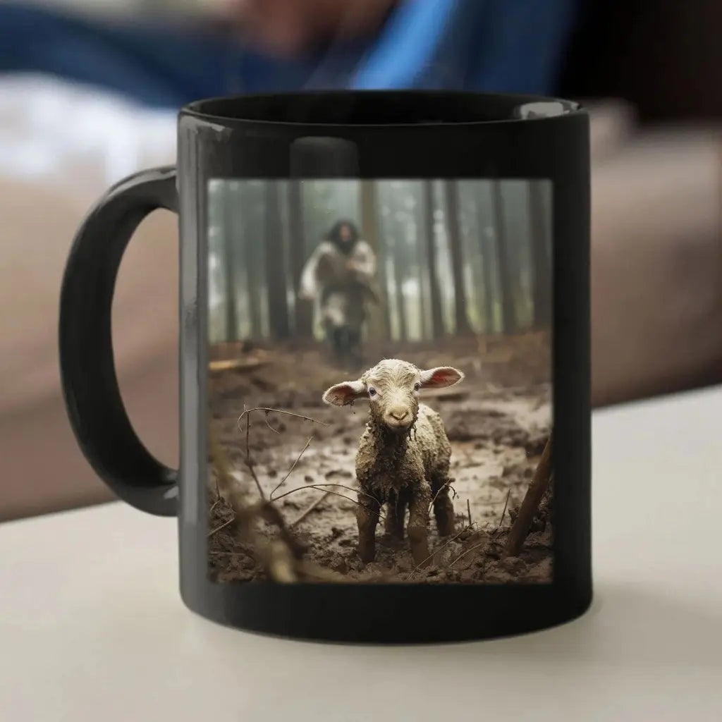 Jesus Running After a Lost Lamb Jesus and Lamb Picture Coffee Mug (Without Text) Black / 11 oz