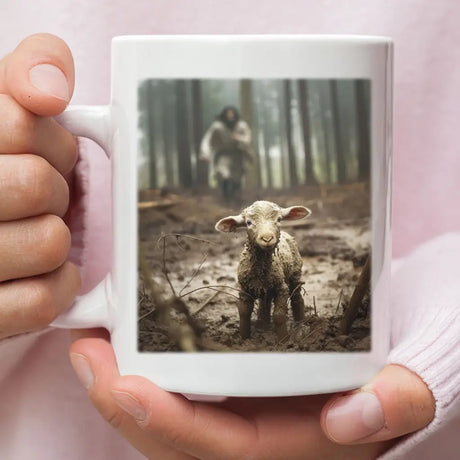 Jesus Running After a Lost Lamb Jesus and Lamb Picture Coffee Mug (Without Text) White / 11 oz