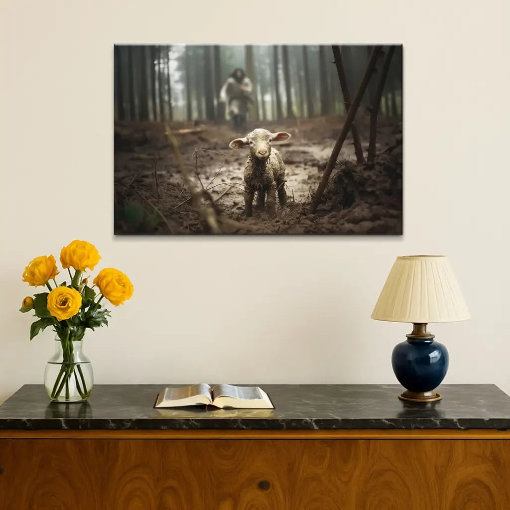 Jesus Running After a Lost Lamb Jesus and Lamb Picture Wall Art Canvas