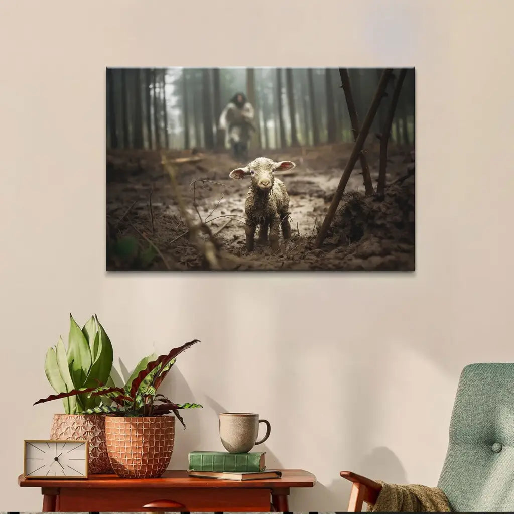 Jesus Running After a Lost Lamb Jesus and Lamb Picture Wall Art Canvas