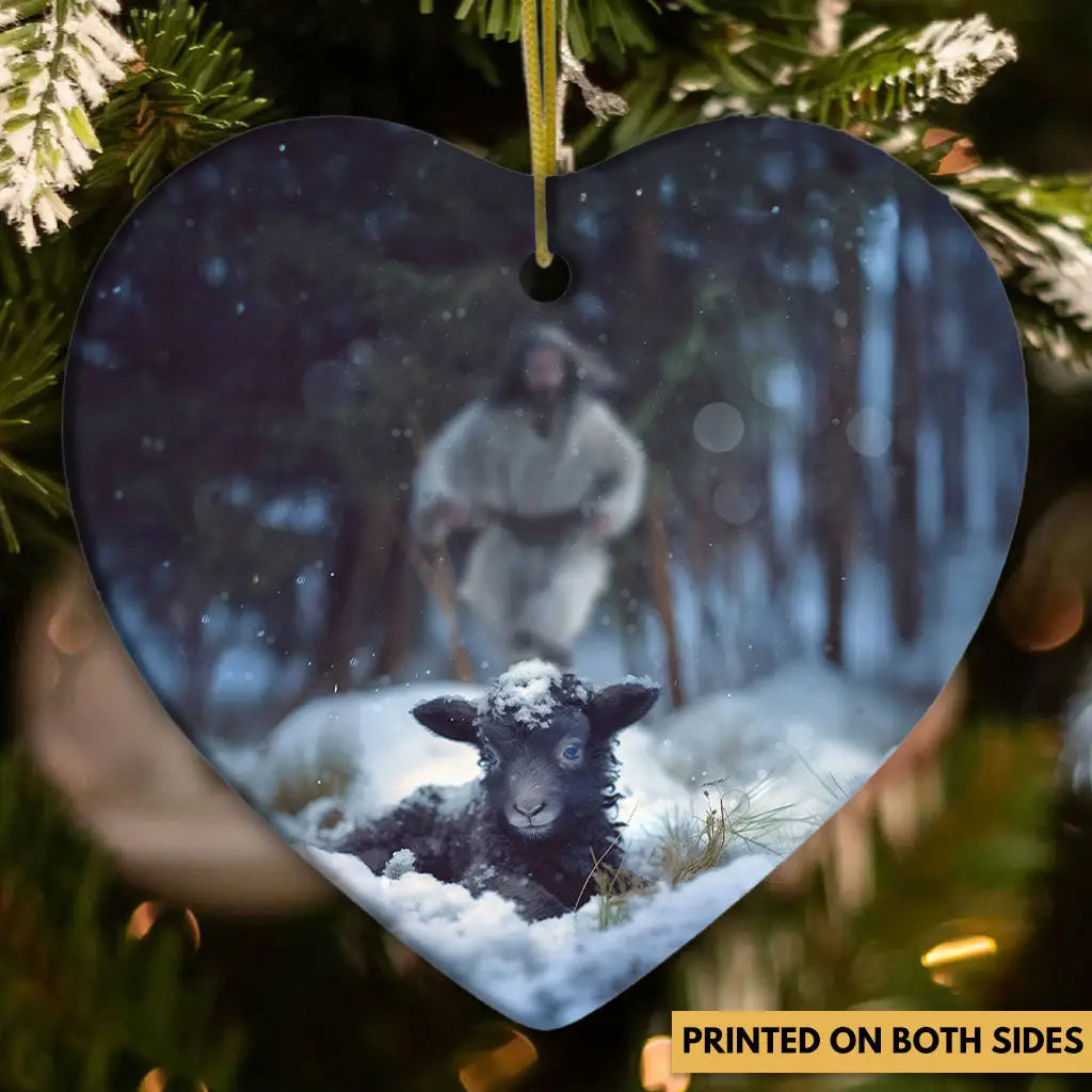 Jesus Running to Rescue a Lost Sheep in a Snowy Forest Ornament