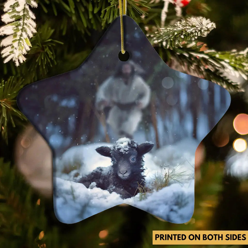 Jesus Running to Rescue a Lost Sheep in a Snowy Forest Ornament