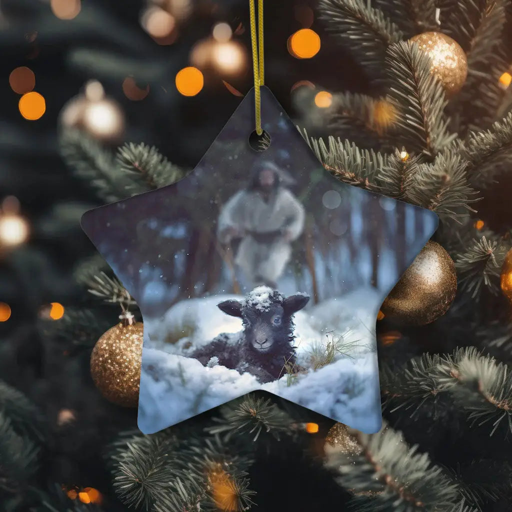 Jesus rescuing a lost sheep in snow ornament, an inspiring Christian gift for the holidays.