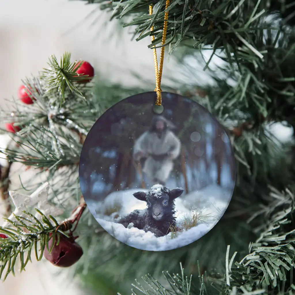 Jesus running to rescue a sheep ornament, a meaningful Christian decoration for Christmas.