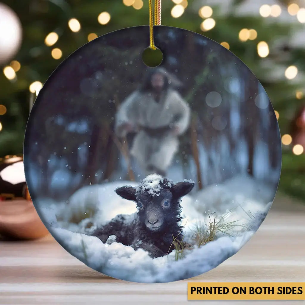 Jesus Running to Rescue a Lost Sheep in a Snowy Forest Ornament