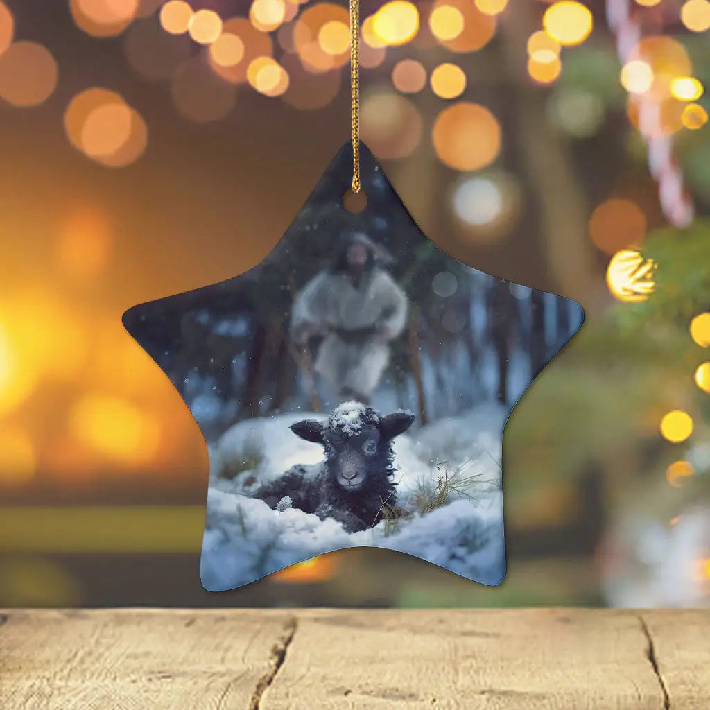 Faith-based ornament of Jesus saving a sheep in a snowy forest, a touching Christmas decoration / Star.