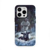 Christian phone case with Jesus running to rescue a lost sheep in a snowy forest, symbolizing divine love and care.