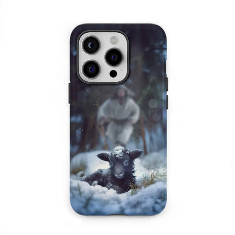 Christian phone case with Jesus running to rescue a lost sheep in a snowy forest, symbolizing divine love and care.