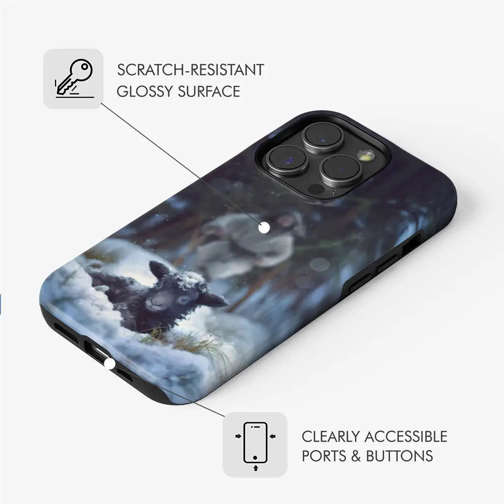 Jesus rescuing a lost sheep in a snowy forest phone case, a powerful reminder of faith and God’s love.