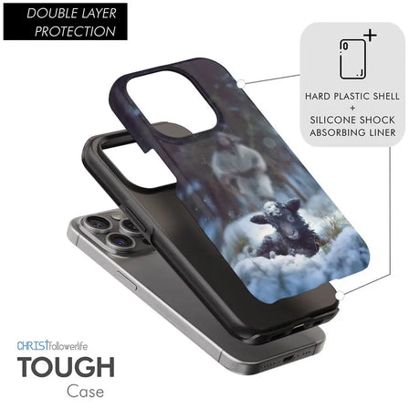 Christian phone case featuring Jesus rescuing a lost sheep in a snowy forest, perfect for Christian inspiration and faith.